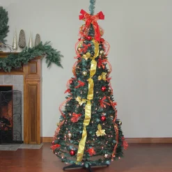 Northlight 6 And 6.5 Feet Tall>6' Pre-Lit Red And Gold Pre-Decorated Pop-Up Artificial Christmas Tree