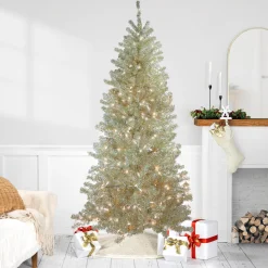 Northlight 6 And 6.5 Feet Tall>6' Pre-Lit Silver Champagne Artificial Metallic Tinsel Christmas Tree - Clear Lights