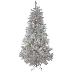 Northlight 4 And 4.5 Feet Tall>4.5' Pre-Lit Silver Metallic Tinsel Artificial Christmas Tree - Clear Lights