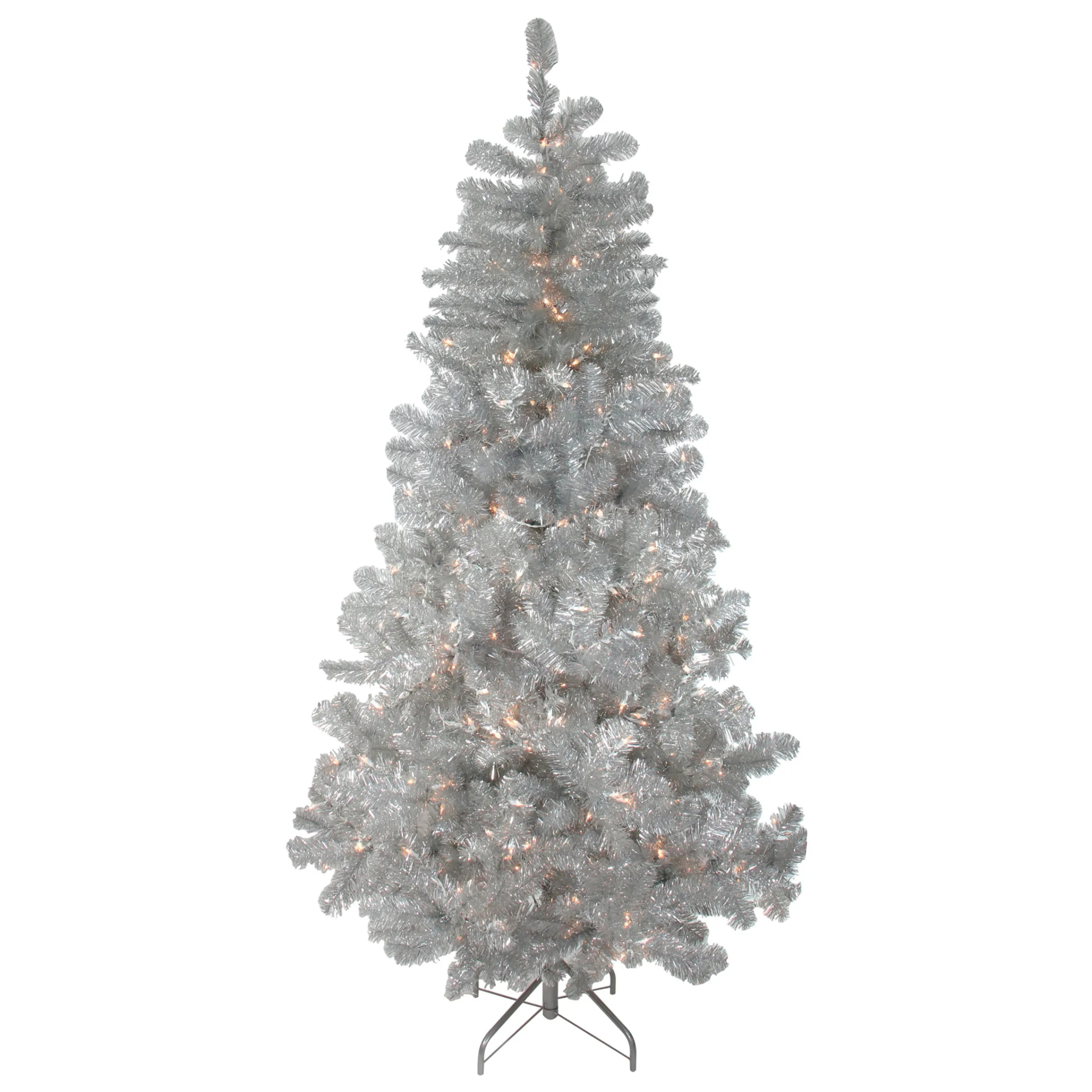 Northlight 4 And 4.5 Feet Tall>4.5' Pre-Lit Silver Metallic Tinsel Artificial Christmas Tree - Clear Lights