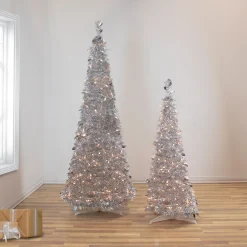 Northlight 6 And 6.5 Feet Tall>6' Pre-Lit Silver Tinsel Pop-Up Artificial Christmas Tree - Clear Lights