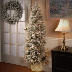 National Tree Company Potted Trees>6' Pre-Lit Slim Frosted Colonial Artificial Half Wall Christmas Tree, Clear Lights