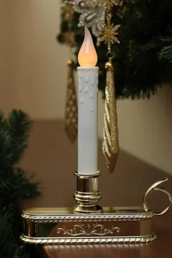 Northlight 8.75" Pre-Lit White And Gold Led C5 Flickering Christmas Candle Lamp With Handle Base