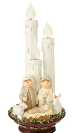 Nativities*Raz 14.5" Pre-Lit White Holy Family Christmas Nativity With Candles Tabletop Decor