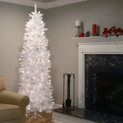 National Tree Company White Trees>7.5' Pre-Lit White Kingswood Fir Slim Artificial Christmas Tree, White Lights