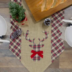 Linens*Northlight 36" Red And Brown Burlap And Plaid Reindeer Christmas Table Runner
