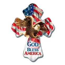 Glow Decor 8" Red And Brown "God Bless America" Wall Cross
