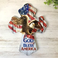 Glow Decor 8" Red And Brown "God Bless America" Wall Cross