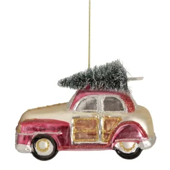 Northlight Transportation>5" Red And Gold Glitter Car With Christmas Tree Glass Ornament