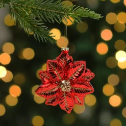 Northlight Garden & Floral>4.5" Red And Gold Glittery Poinsettia Glass Christmas Ornament