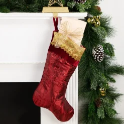 Stockings*Northlight 20" Red And Gold Leaf Christmas Stocking With Wavy Sequined Cuff