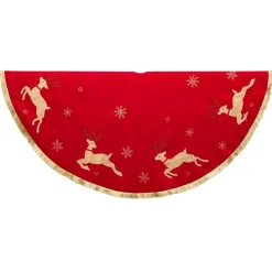 50 Inch And Larger*KSA 54" Red And Gold Patchwork Reindeer Running Christmas Tree Skirt