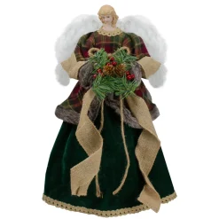 Angel Tree Toppers*Northlight 18" Red And Green Angel In A Dress Christmas Tree Topper Accented With Holly Berries - Unlit