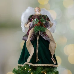 Angel Tree Toppers*Northlight 18" Red And Green Angel In A Dress Christmas Tree Topper Accented With Holly Berries - Unlit