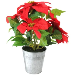 Floral*Northlight 15.5" Red And Green Artificial Poinsettia Christmas Flower Arrangement In Silver Pot