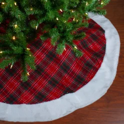 50 Inch And Larger*Northlight 60" Red And Green Plaid Christmas Tree Skirt With White High Pile Fleece Trim