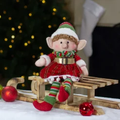 Plush Figures*Northlight 14" Red And Green Plush Jingle Bell Girl Elf Christmas Figure