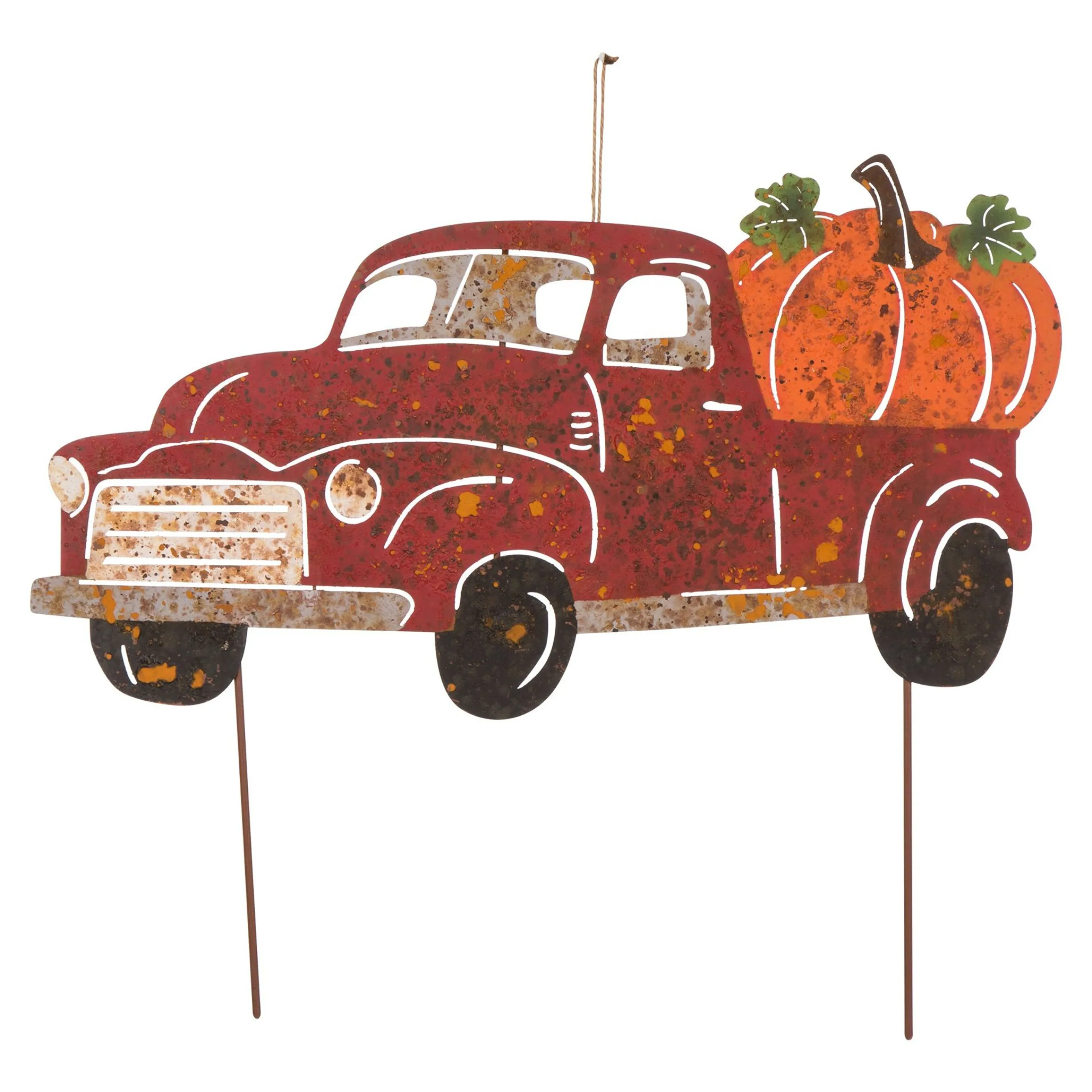 Glitzhome 25" Red And Orange Rusty Truck Outdoor Yard Stake Thanksgiving Decor
