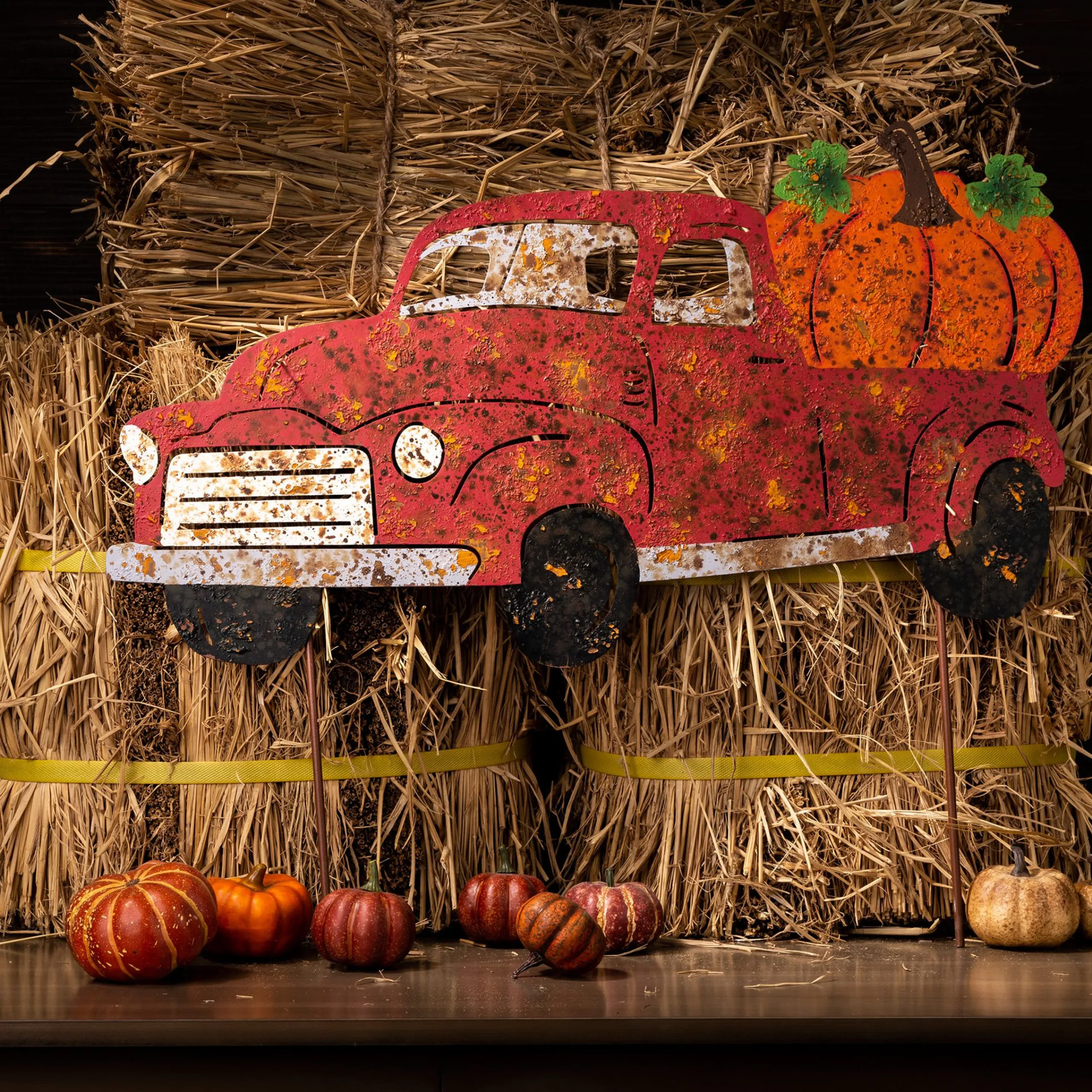 Glitzhome 25" Red And Orange Rusty Truck Outdoor Yard Stake Thanksgiving Decor