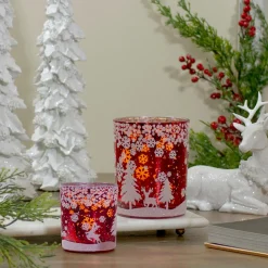 Candles & Holders*Northlight 5" Red And Shiny Silver Deer In Winter Woods Flameless Candle Holder