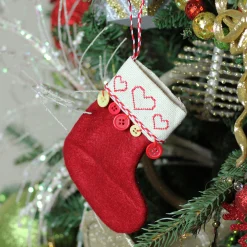 Roman Stockings>6.5" Red And Tan Embroidered Hearts And Buttons Christmas Stocking Ornament