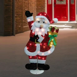 Outdoor Decorations*Northlight 32" Red And White Lighted Waving Santa With Gifts Christmas Outdoor Decoration