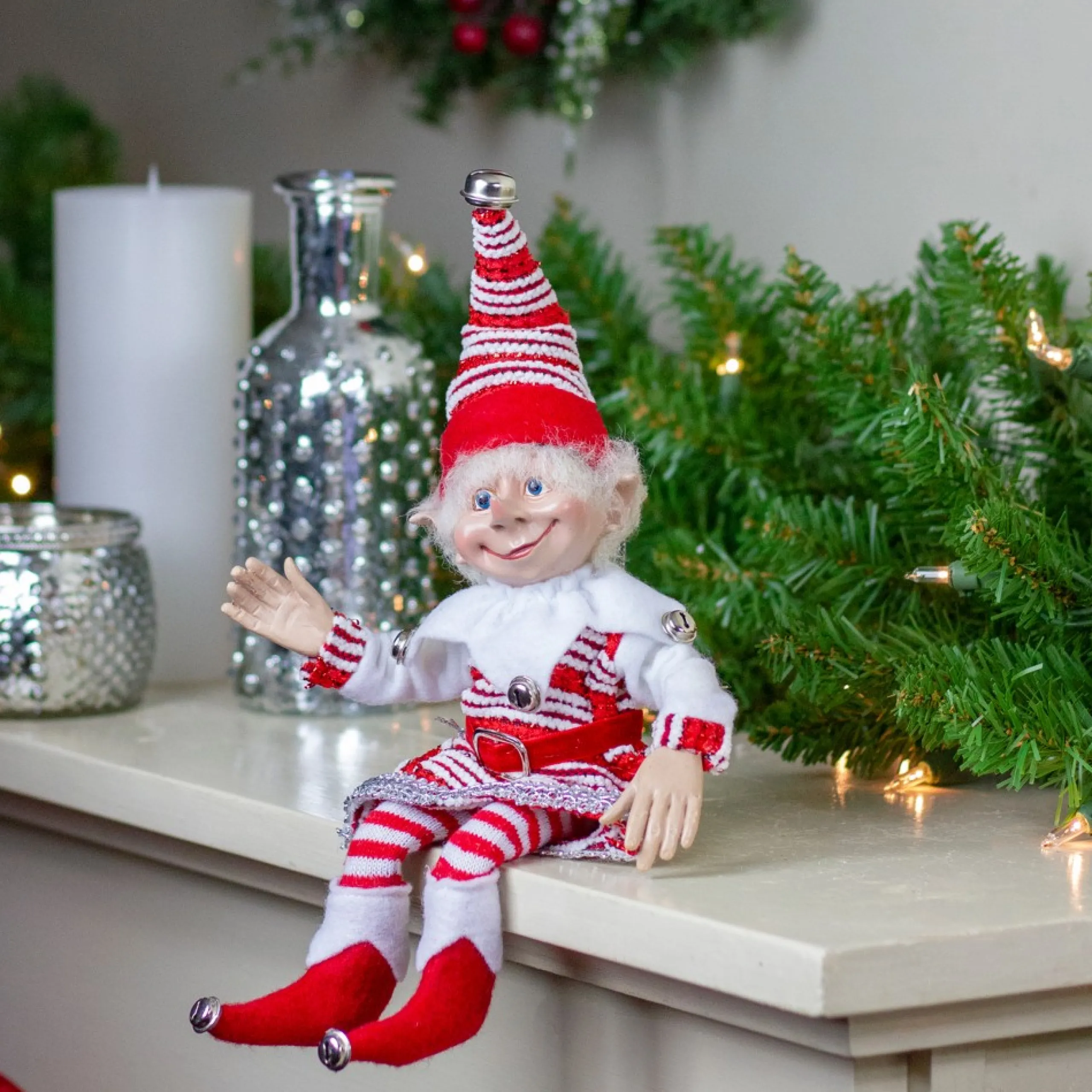 Plush Figures*Select Artificials 13" Red And White Peppermint Striped Elf With Jingle Bells
