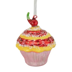 Northlight Food & Beverage>3" Red And Yellow Cupcake With Cherry Glass Christmas Ornament