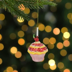 Northlight Food & Beverage>3" Red And Yellow Cupcake With Cherry Glass Christmas Ornament