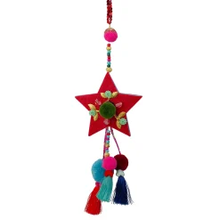 Northlight Stars>9.5" Red Bohemian Star With Pom Pom Christmas Ornament