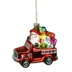 Northlight Santa Claus>4" Red Fire Truck With Santa And Presents Glass Christmas Ornament