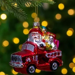 Northlight Santa Claus>4" Red Fire Truck With Santa And Presents Glass Christmas Ornament