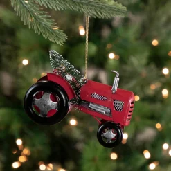 Northlight Transportation>3" Red Metal Tractor With Frosted Tree Christmas Ornament