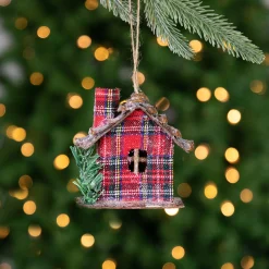 Northlight Woodland>4.25" Red Plaid And Pine Needle Rustic Birdhouse Christmas Ornament