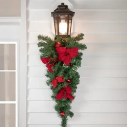 Unlit Teardrops*Northlight 32" Red Poinsettia Pine Cone And Ball Artificial Christmas Teardrop Swag, Unlit