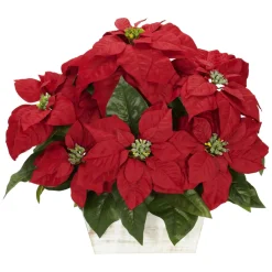 Floral*Nearly Natural 16.5" Red Poinsettia Silk Christmas Artificial Floral Arrangement In Planter