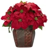 Floral*Nearly Natural 18" Red Poinsettia Silk Christmas Artificial Floral Arrangement With Rattan Vase