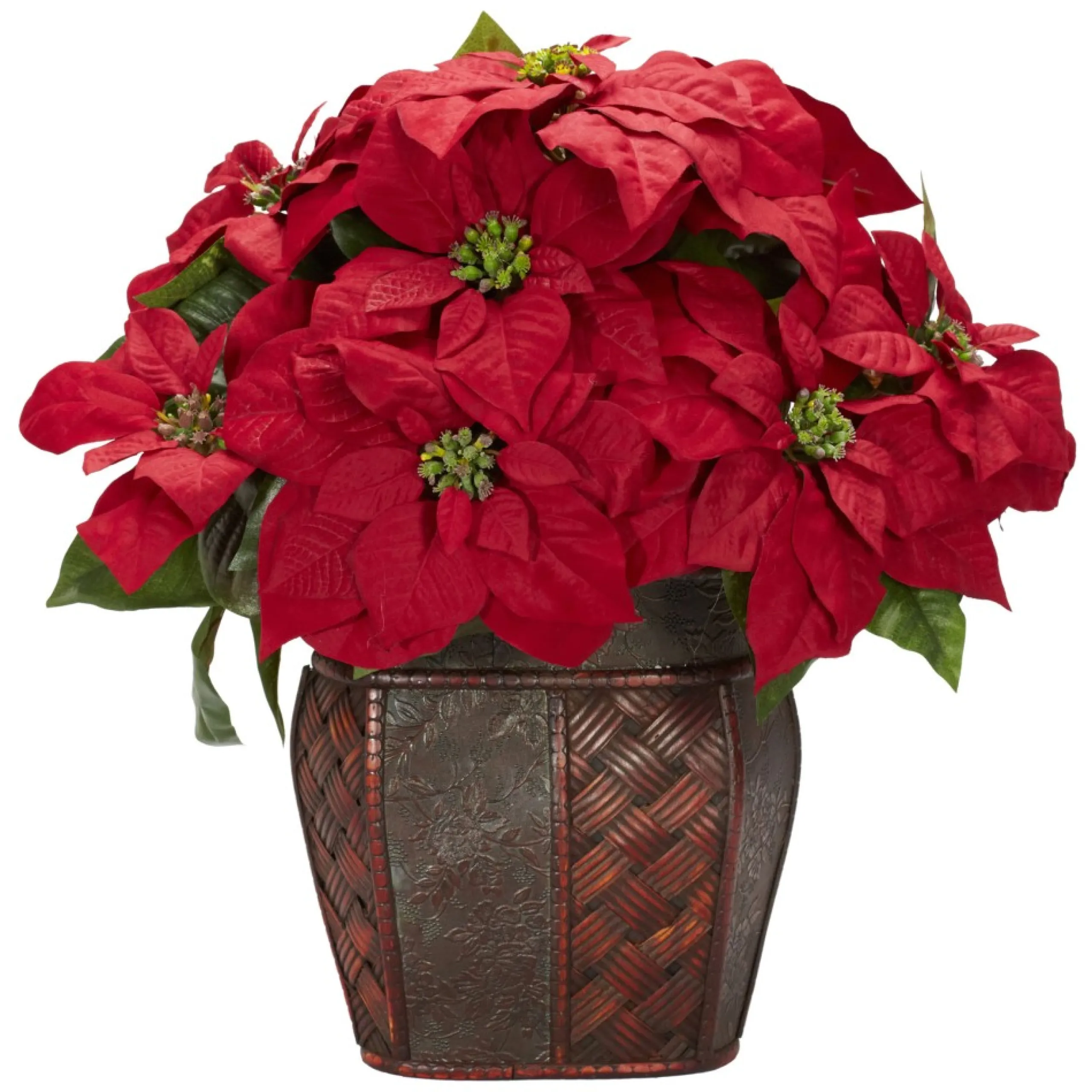 Floral*Nearly Natural 18" Red Poinsettia Silk Christmas Artificial Floral Arrangement With Rattan Vase