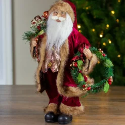 Santa Figures*Northlight 18" Red Santa Claus Holding A Wreath And Gift Bag Christmas Figurine