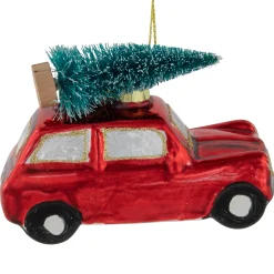 Northlight Transportation>3.5" Red Station Wagon With Tree Glass Christmas Ornament