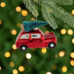 Northlight Transportation>3.5" Red Station Wagon With Tree Glass Christmas Ornament