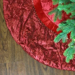 50 Inch And Larger*Northlight 60" Red Velvet Damask Sequin Embroidered Poinsettia Trimmed Scalloped Edge Christmas Tree Skirt