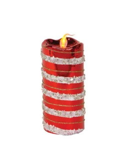 Candles & Holders*Melrose 6" Red, White And Gold Striped Flameless Led Glass Christmas Pillar Candle