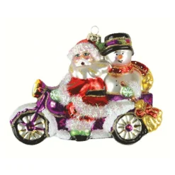 GC Home & Garden Santa Claus>6.5" Red, White And Purple Santa & Frosty Motorcycle Hand Blown Glass Hanging Figurine Ornament