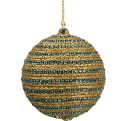 Allstate Balls>3" Regal Peacock Glittered Gold And Turquoise Blue Peacock Striped Christmas Ball Ornament