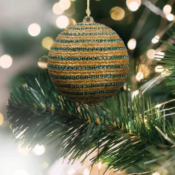 Allstate Balls>3" Regal Peacock Glittered Gold And Turquoise Blue Peacock Striped Christmas Ball Ornament