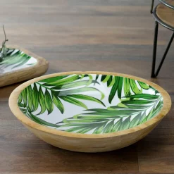Koopman International 12" Round Mango Wood Tropical Palm Leaf Design Serving Bowl