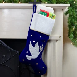 Stockings*Northlight 20.5" Royal Blue And White Velvet Dove With Olive Branch Christmas Stocking