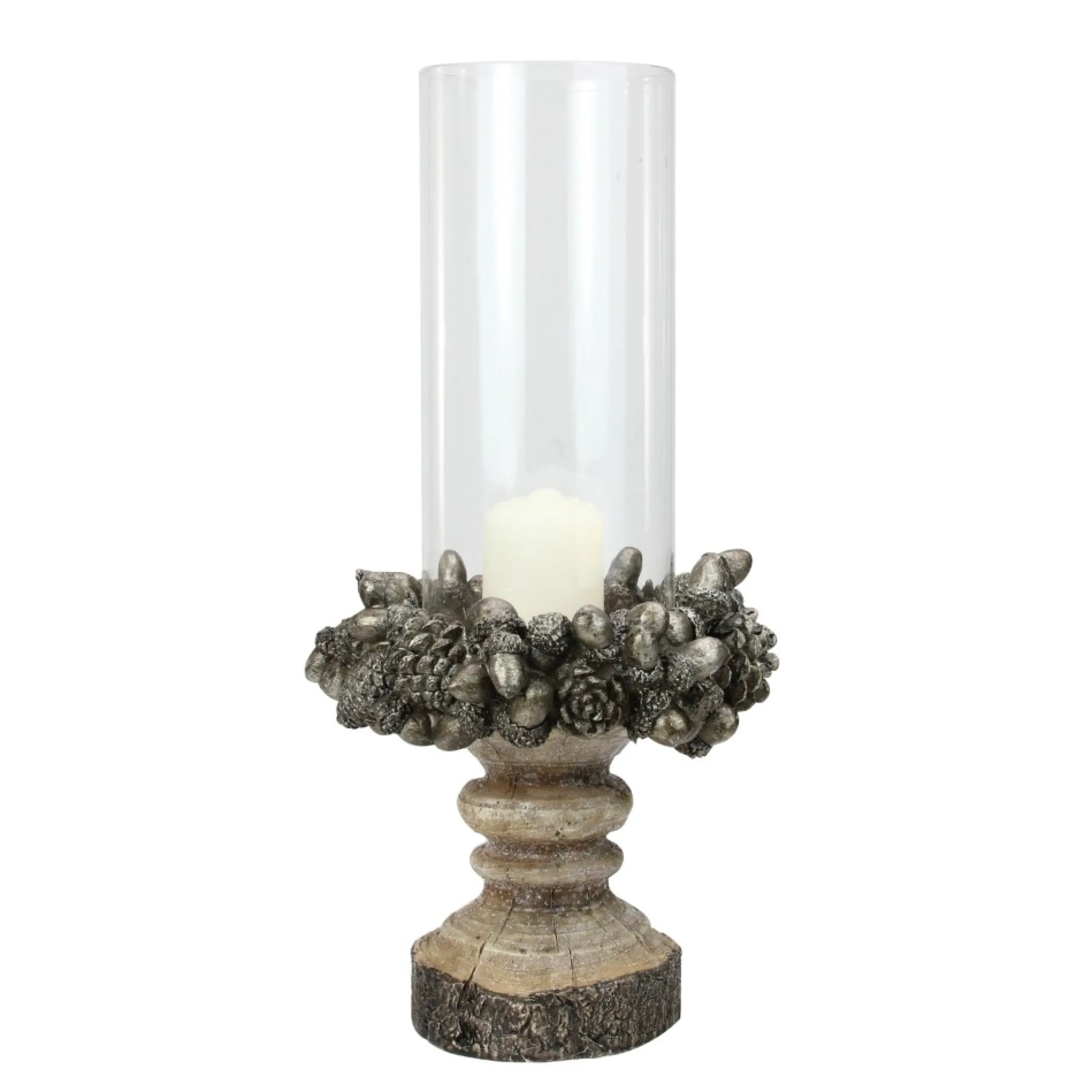Candles & Holders*Raz 13" Rustic Acorn And Pinecone Tree Pillar Candle Holder With Glass Case