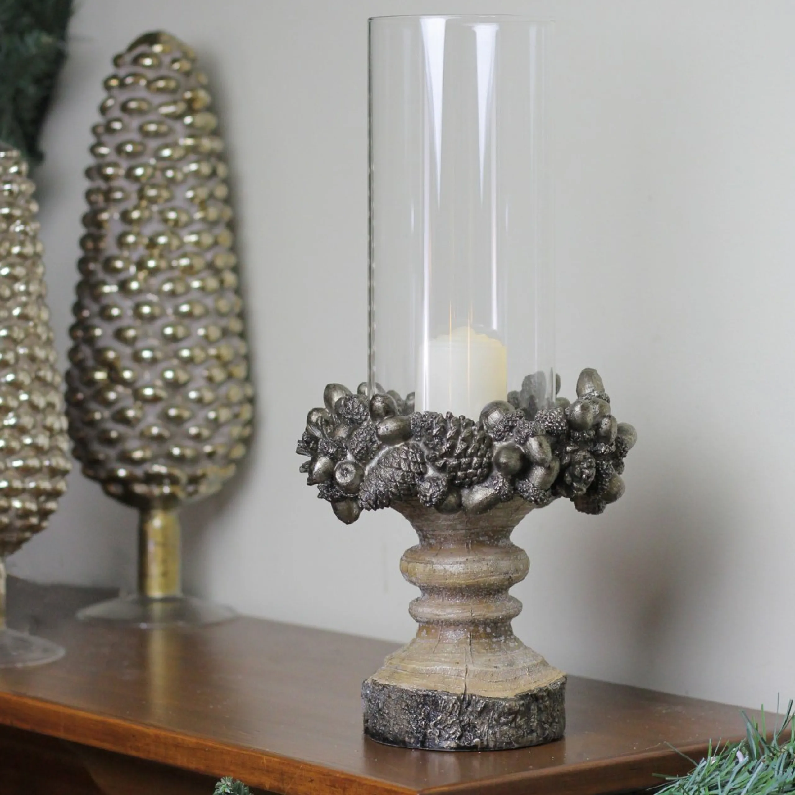 Candles & Holders*Raz 13" Rustic Acorn And Pinecone Tree Pillar Candle Holder With Glass Case